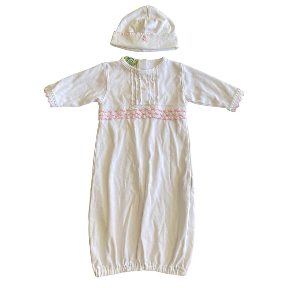 Kissy Kissy Baby Girls Pink White Lace Crochet Gown Hat Layette Set Pima Small